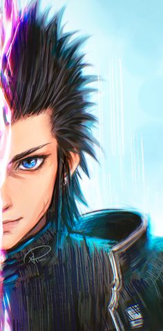 an anime character with black hair and blue eyes holding a pink object in his hand