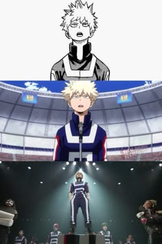 two anime characters one with blonde hair and the other with blue eyes, standing in front of