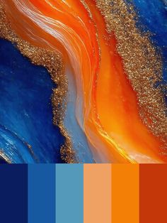 an orange and blue color scheme with gold glitter