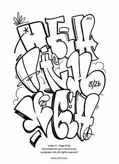 the word art is drawn in black and white with lots of different letters on it