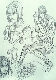 some sketches of people sitting at a table and one is holding a cell phone in her hand