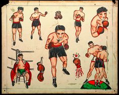 an old drawing of men in boxing gear and punching gloves, with various poses on the wall