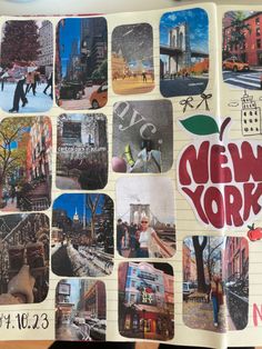 an open notebook with pictures of new york and the words new york written on it