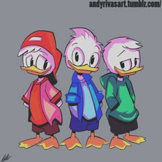 three cartoon birds standing next to each other