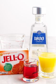 orange juice, jello and other ingredients on a table