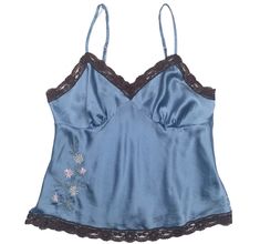 Vintage Silk Cami, Blue Spring Camisole Top, Blue Lace Trim Top, Blue Lace Camisole, Blue Silk Cami, Blue Lace Cami Top, Blue Lace Cami, Blue Camisole Top With Lace Trim, Blue Lace Y2k Cami Top