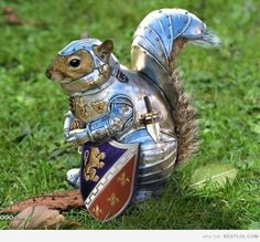 a squirrel figurine with a shield and armor on it's back sitting in the grass