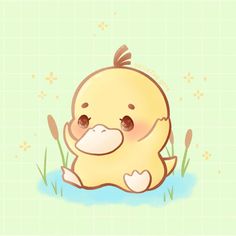 a cartoon duck sitting in the grass with its eyes closed and one eye half open