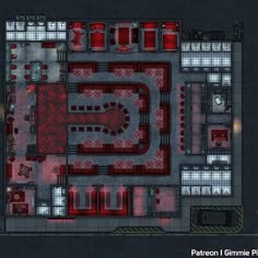 an overhead view of a large building with red lights on it's floor plan