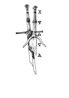 an ink drawing of two knives with arrows pointing up at the top and bottom of them