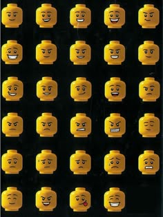 many lego faces are arranged in rows on a black background with white teeth and eyes