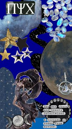 an artistic collage with stars, moon and other items
