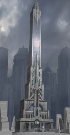 a futuristic city with tall buildings in the foreground and dark clouds in the background