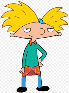 cartoon character with blonde hair and blue eyes, wearing a green shirt and plaid skirt