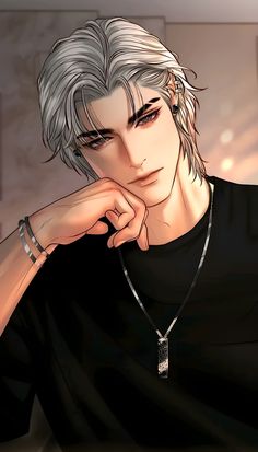 a man with grey hair wearing a black t - shirt and silver bracelets is looking at the camera