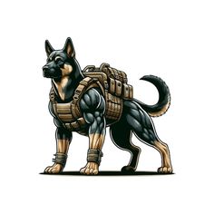 a black and brown dog with a harness on it's back legs, standing in front of a white background