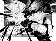 black and white image of an anime character with the words flash in front of him