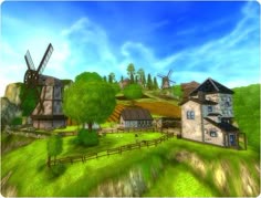 an artist's rendering of a farm with windmills in the background and trees
