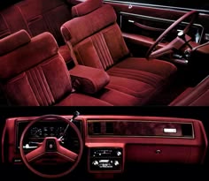 the interior of an old car is red and black