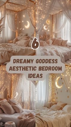the bedroom is decorated with fairy lights and white drapes, as well as bed linens