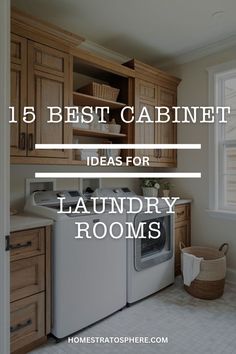 A laundry room with wood cabinets above the washer and dryer, including a basket and soft lighting.