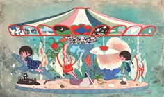 an illustration of children playing under a tent with fish and other things on the ground