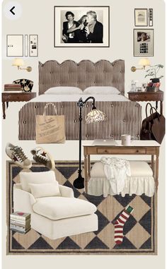 a bed room with a neatly made bed next to a chair and pictures on the wall