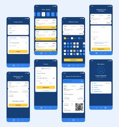 six smartphones with different application screens and qr - code options on them, all in blue