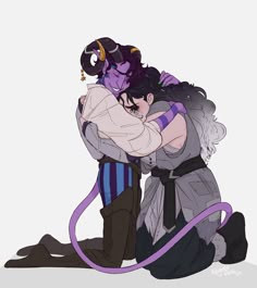 two people are hugging each other with horns on their heads and purple ribbons around their necks