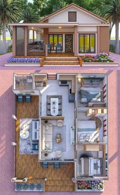 an aerial view of a house with two floors and one bedroom on the second floor