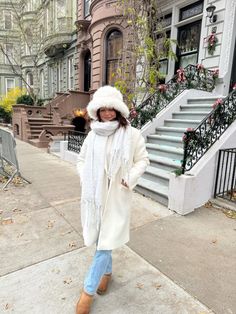 nyc, outfit, winter, ootd, cold, chilly, warm fit, white, fur, hat, pea coat, wool, trench, jeans, denim, Uggs, ootd, scarf, monochromatic, inspo, trendy, aesthetic, New York City, day trip, weekend, casual, chic, fashion, fluffy, bucket hat, brownstone, christmas, holidays, travel, pose, picture, cute, decor, decorations, inspiration Trendy White Winter Hat, Trendy Warm White Hat, Denim Outfit Winter, White Fluffy Bucket Hat Outfit, White Hat Winter Outfit, White Fur Bucket Hat Outfit, White Winter Hat Outfit, Fur Bucket Hat Outfit Winter, Fluffy Bucket Hat Outfit Winter