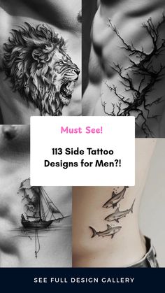 This Pinterest pin showcases inspirational side body tattoos for men. It features a collection of artwork, including a lion head tattoo, a thunder strike design, and a depiction of three fishes. The pin aims inspire those seeking side body tattoo ideas.