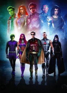 the cast of dc's new teen titans standing in front of a dark background