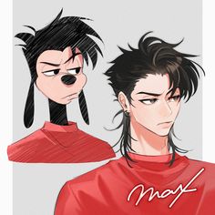 an anime character with black hair and a red shirt is looking at another character's face