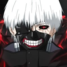 an anime character with white hair and red eyes wearing black eyeliners, smiling at the camera