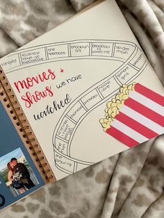 an open book with pictures on it sitting on top of a bed covered in blankets