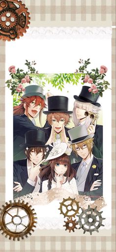 a group of people wearing hats and holding hands in front of a white frame with flowers on it