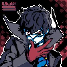 an image of a pixel art style character with his hand on his chest and eyes closed