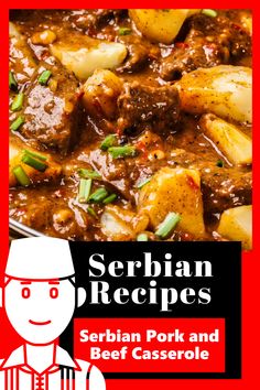 a poster with the words sebastian recipes and beef casserole in red, black and white
