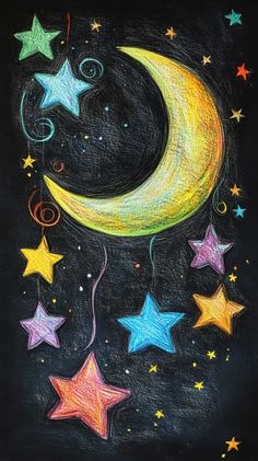 chalk drawing of the moon and stars on a blackboard with colored crayons