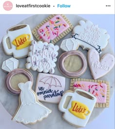 decorated cookies are arranged on a platter with the words like, likes, umbrellas and more