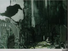 a black bird sitting on top of a building