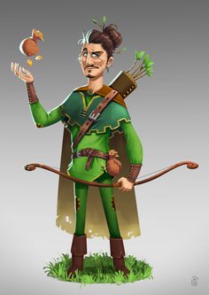 a cartoon character with a bow and arrow in his hand, holding an object up to the side