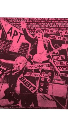 a pink and black poster with people holding signs in front of them on the ground