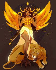 an image of a woman with wings and a lion on the ground next to her