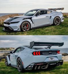 two different views of a sports car parked on the grass next to water and rocks