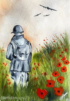 a painting of a soldier walking through a field with poppies and birds in the background