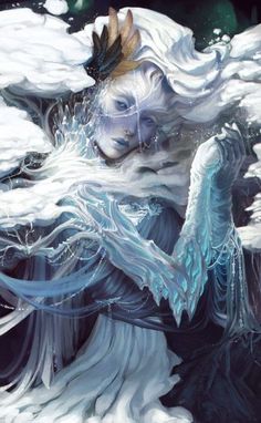 an artistic painting of a woman with white hair and wings floating in the air above water