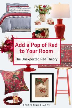the red room has been decorated with flowers and pictures