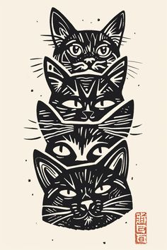 three black cats with their heads in the shape of faces